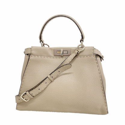 Fendi Handbag Selleria Peekaboo Leather Greige Silver 2-Way Bag