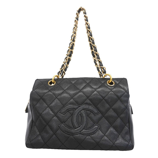 Chanel Chain Tote Bag Quilted Caviar Leather Black Gold