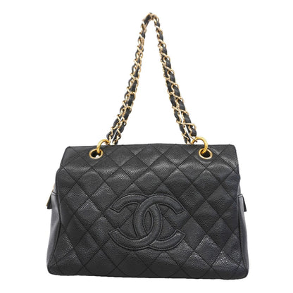 Chanel Chain Tote Bag Quilted Caviar Leather Black Gold