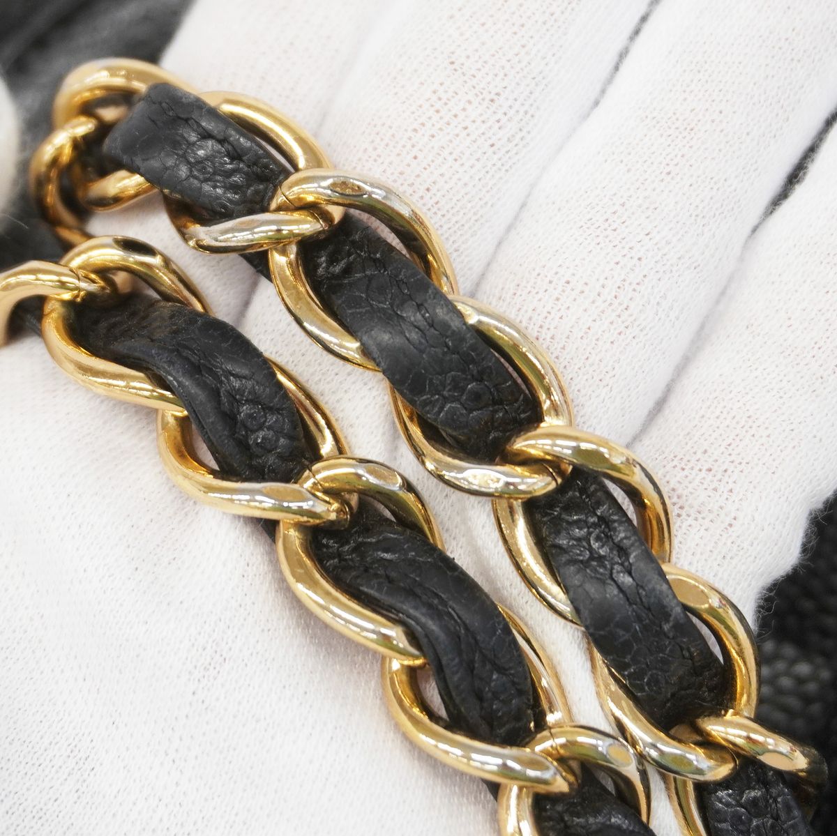 Chanel Chain Tote Bag Quilted Caviar Leather Black Gold — view 8