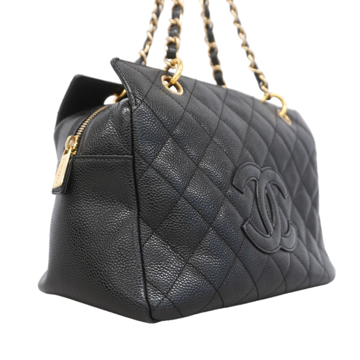 Chanel Chain Tote Bag Quilted Caviar Leather Black Gold — view 2