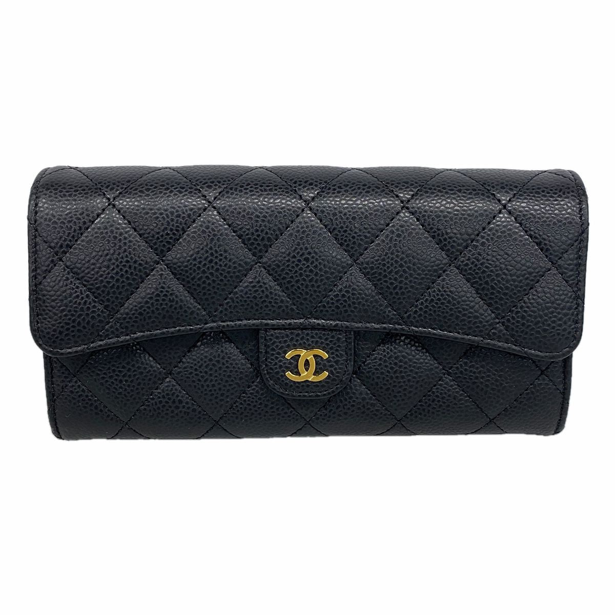 Chanel Wallet Quilted Caviar Leather Black Gold