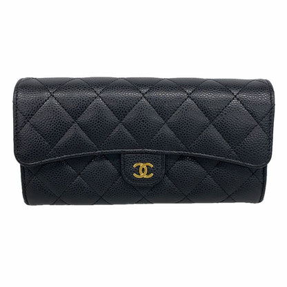 Chanel Wallet Quilted Caviar Leather Black Gold