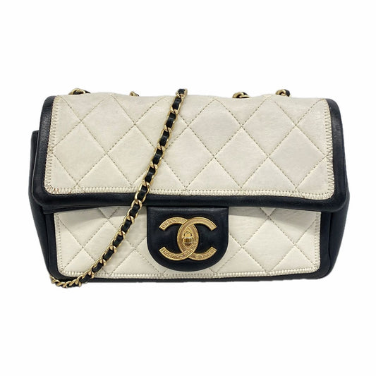 Chanel Shoulder Bag Quilted Lambskin White Black Gold