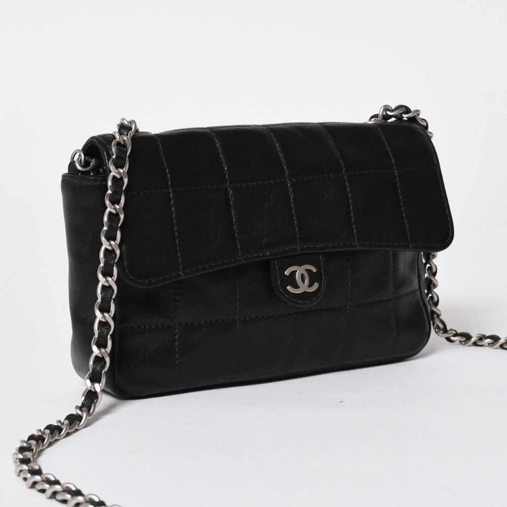 Chanel Choco Bar Chain Shoulder Bag CC Logo Lambskin Black Silver — view 3