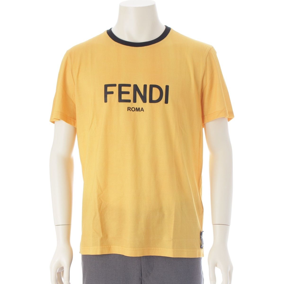 Fendi Cotton Logo Ringer Crew Neck Short Sleeve T-Shirt Yellow Black XL