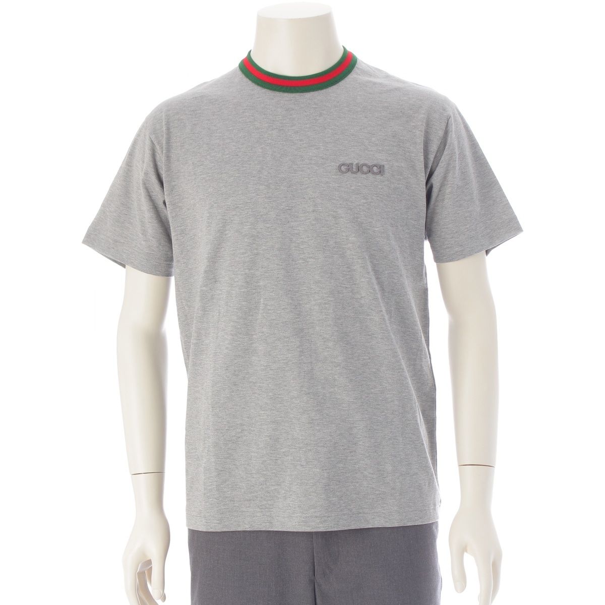 Gucci Embroidered Cotton Jersey Web Stripe Trim Short Sleeve T-Shirt Top Gray