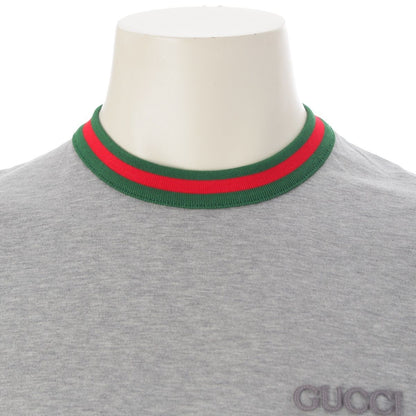 Gucci Embroidered Cotton Jersey Web Stripe Trim Short Sleeve T-Shirt Top Gray — view 5