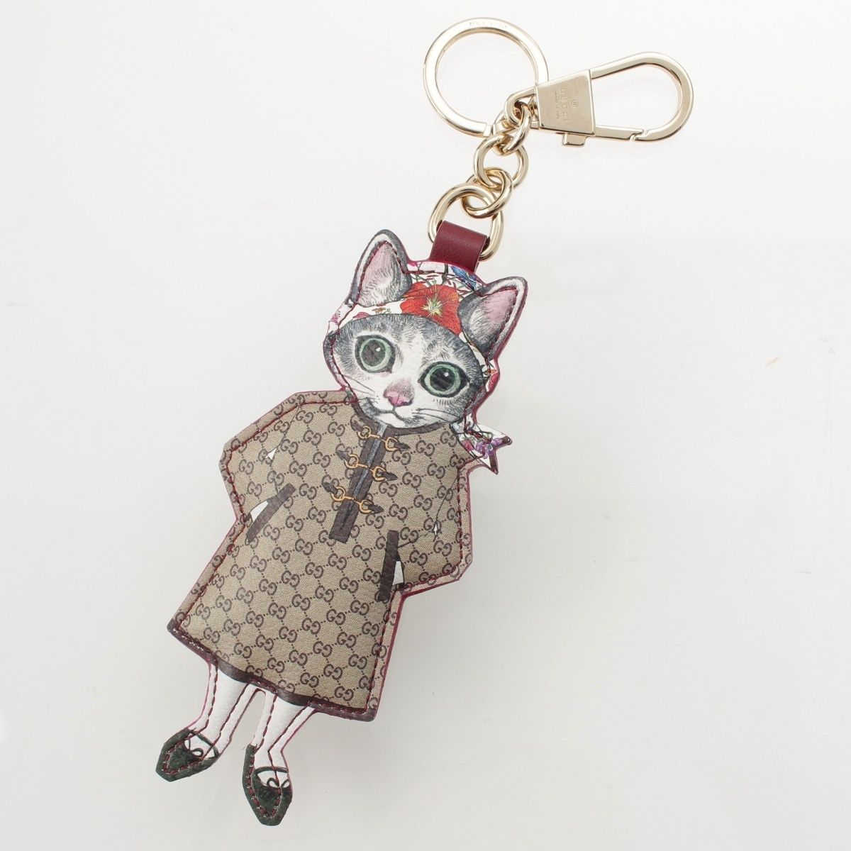 Gucci Yuko Higuchi BO Leather Cat Charm Key Ring Beige Key Holder