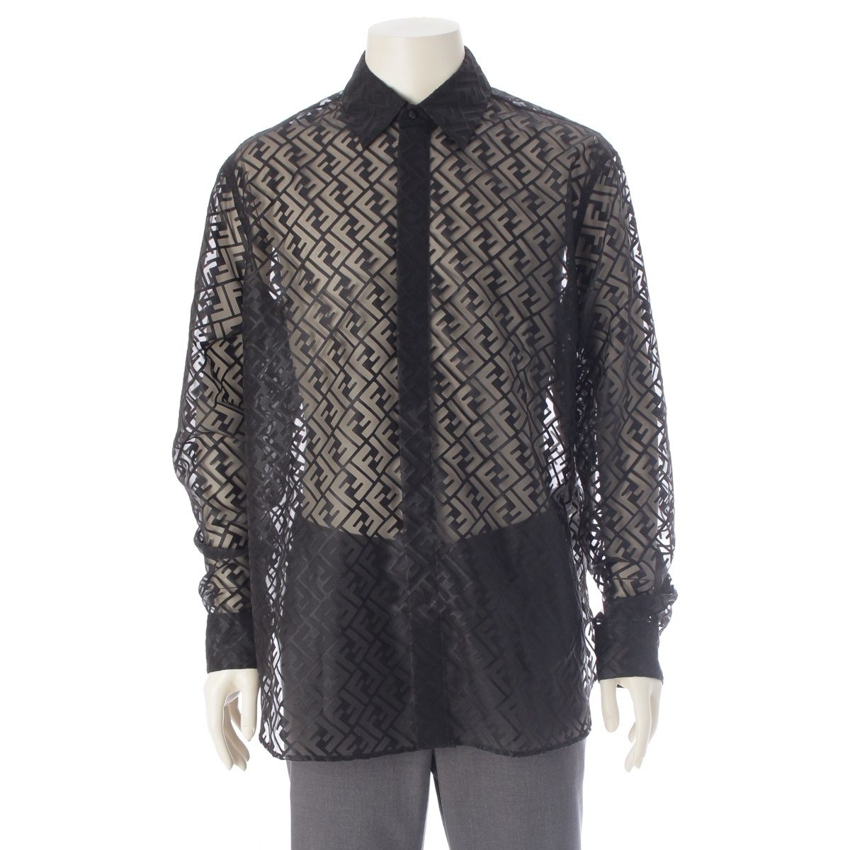 Fendi Polyester Zucca Sheer All Over Print Long Sleeve Shirt Black 41
