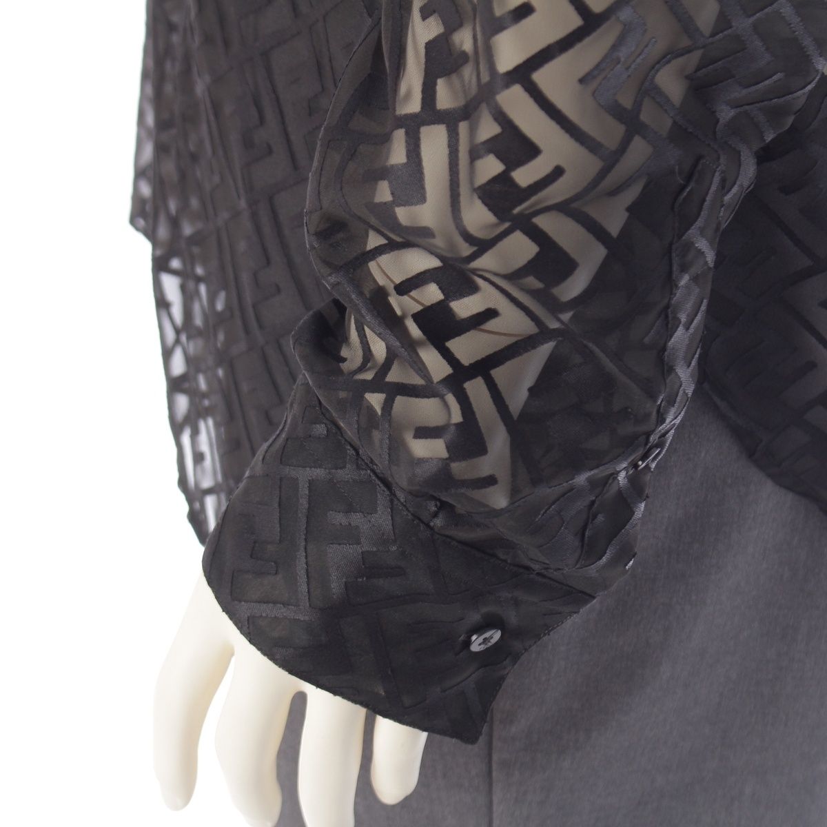 Fendi Polyester Zucca Sheer All Over Print Long Sleeve Shirt Black 41 — view 7
