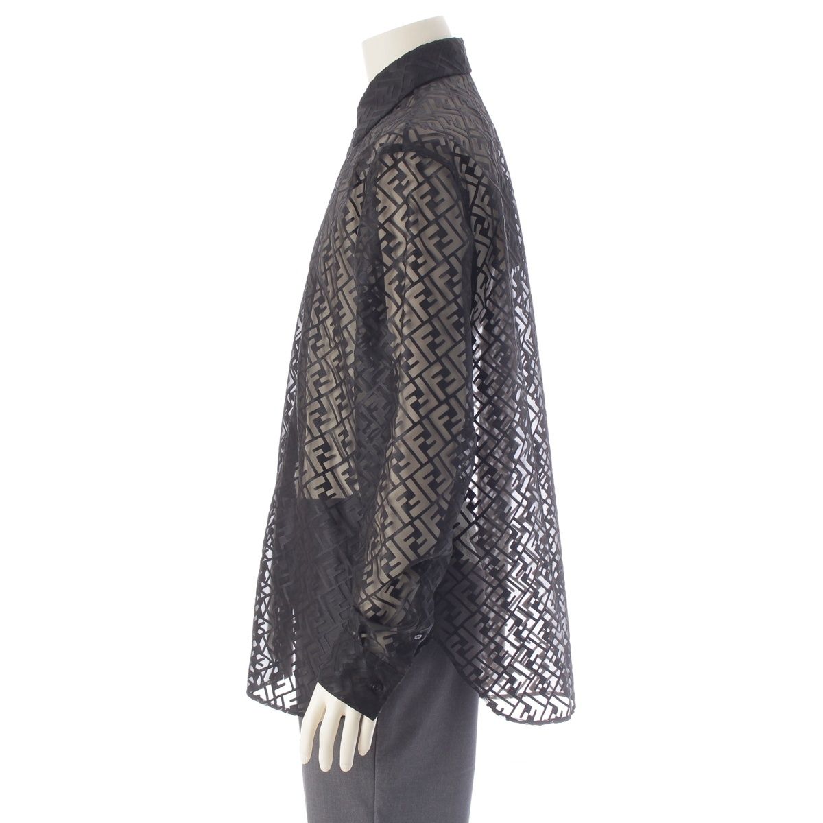 Fendi Polyester Zucca Sheer All Over Print Long Sleeve Shirt Black 41 — view 3