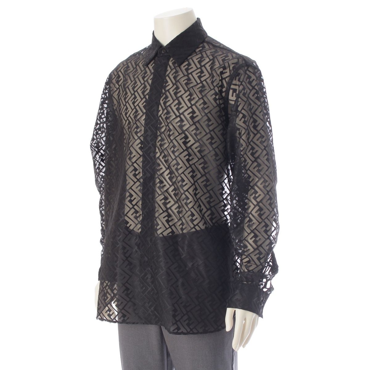 Fendi Polyester Zucca Sheer All Over Print Long Sleeve Shirt Black 41 — view 2