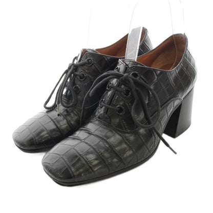 Celine Booties Lace-up Shoes Chunky Heel Croco Embossed Leather Square Toe