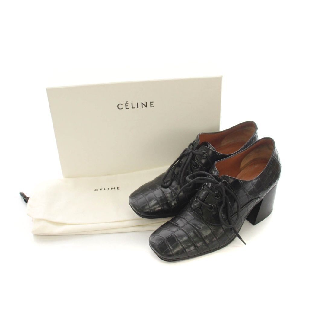 Celine Booties Lace-up Shoes Chunky Heel Croco Embossed Leather Square Toe — view 8
