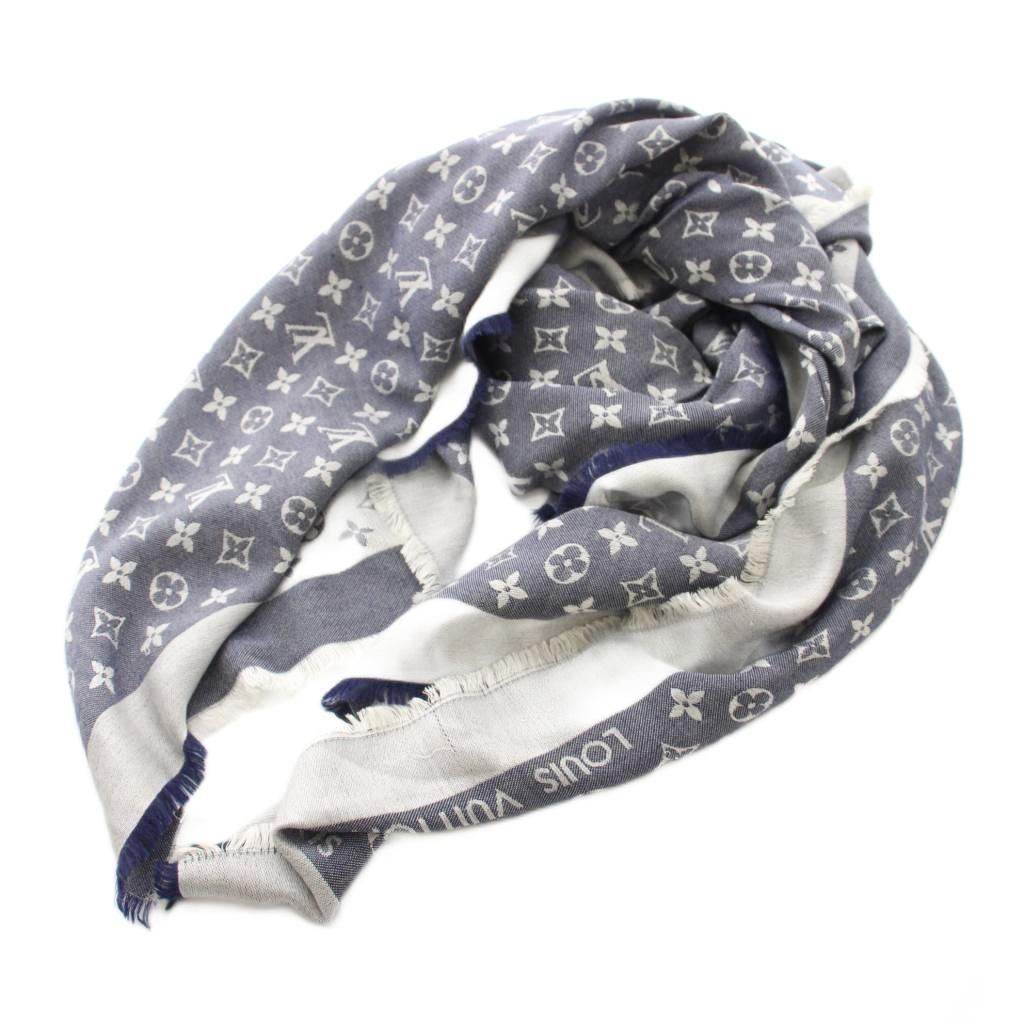 Louis Vuitton Monogram Shawl Silk Wool Navy Scarf