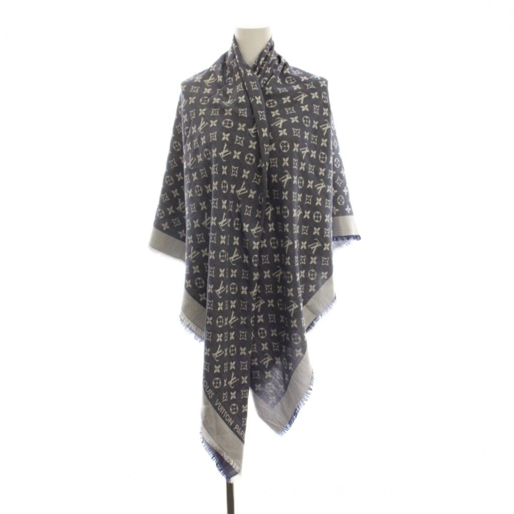 Louis Vuitton Monogram Shawl Silk Wool Navy Scarf — view 6