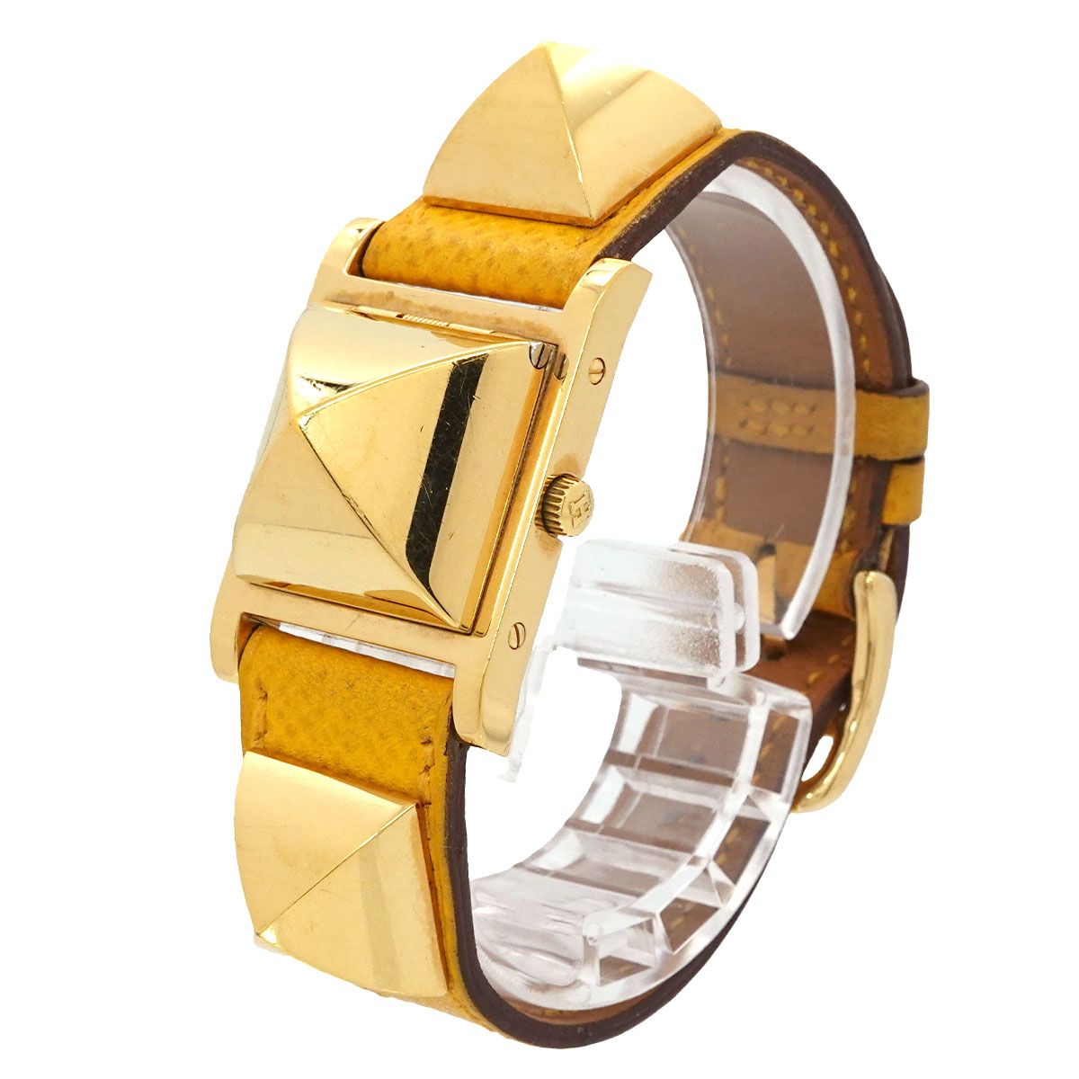Hermes Medor Vintage Watch Pyramid Gold Studs White Yellow Quartz — view 3