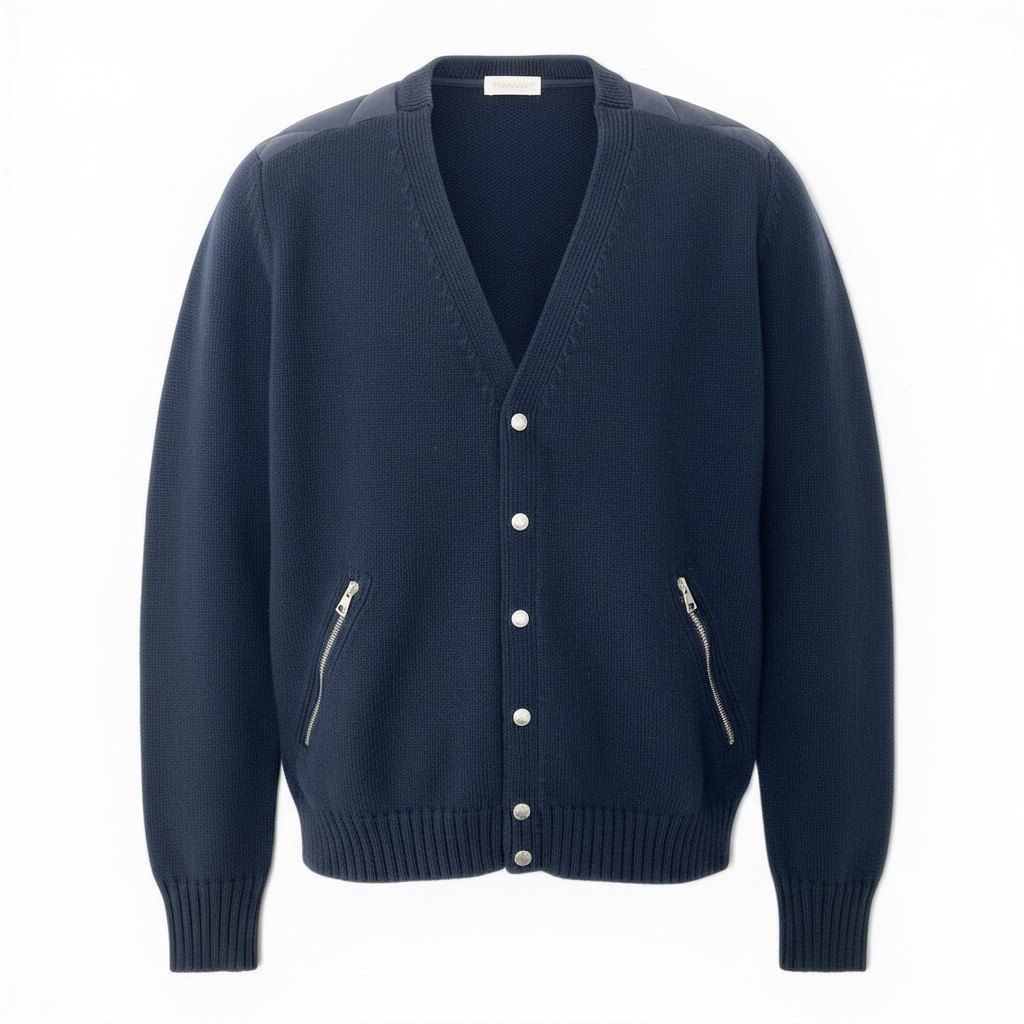 Moncler Cardigan Tricot Down Long Sleeve Flap Button Navy Nylon L