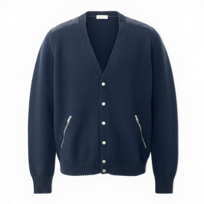 Moncler Cardigan Tricot Down Long Sleeve Flap Button Navy Nylon L