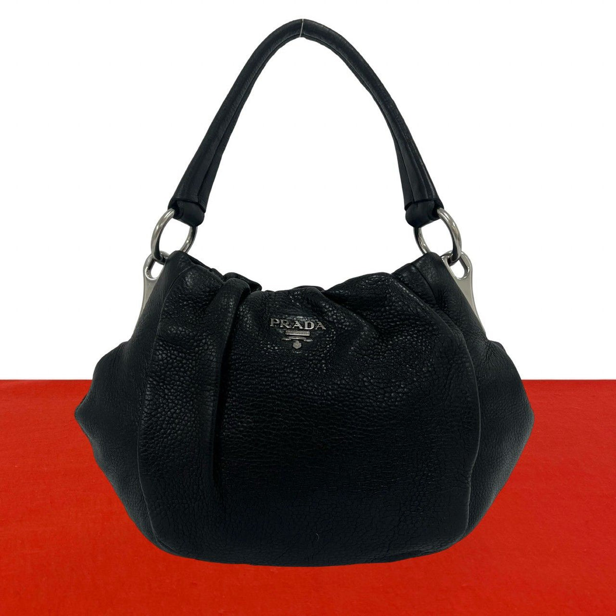 Prada Logo Vitello Daino Leather Shoulder Bag Tote Black