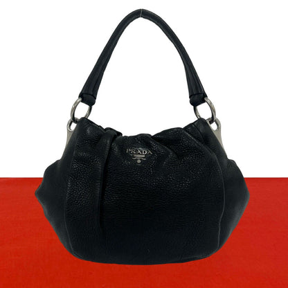 Prada Logo Vitello Daino Leather Shoulder Bag Tote Black
