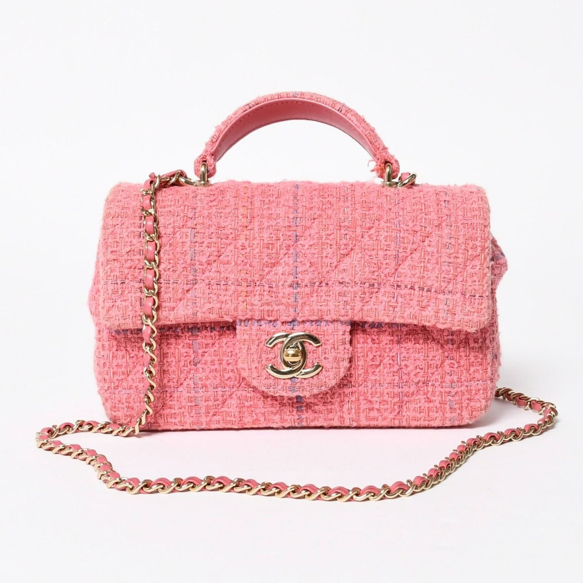 Chanel Chain Shoulder Bag CC Logo Tweed Quilted Pink Gold