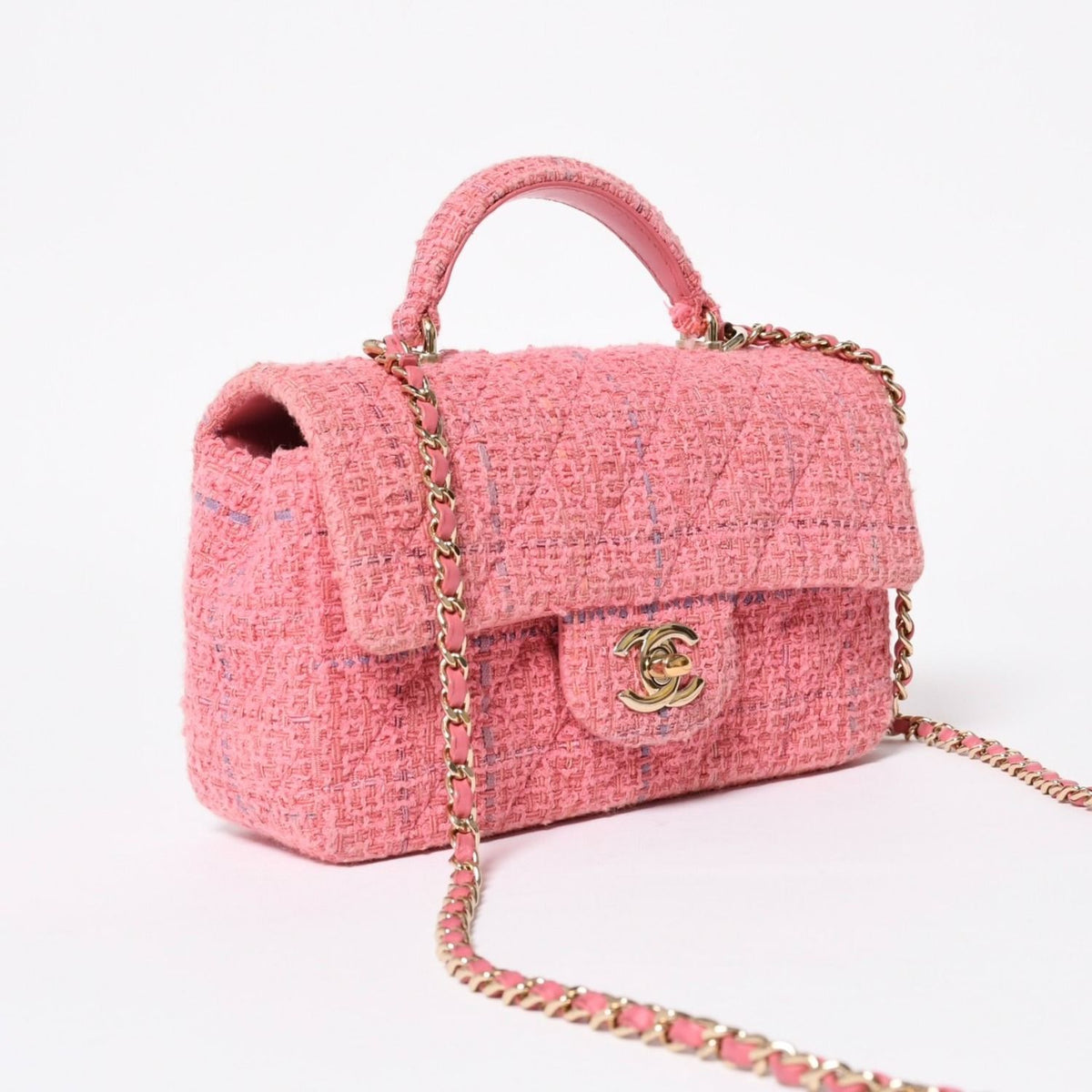 Chanel Chain Shoulder Bag CC Logo Tweed Quilted Pink Gold — view 3