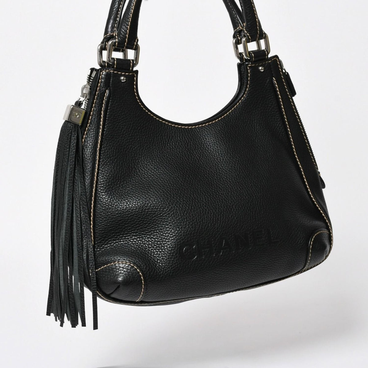 Chanel Fringe Tassel Shoulder Bag Tote Black Silver — view 3