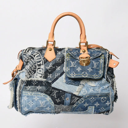 Louis Vuitton Speedy 30 Handbag Monogram Denim Patchwork Blue
