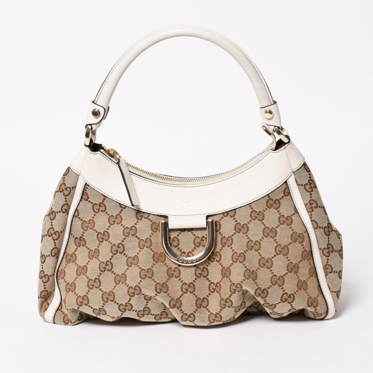 Gucci Bag Handbag Abbey GG Canvas Leather White Beige Gold