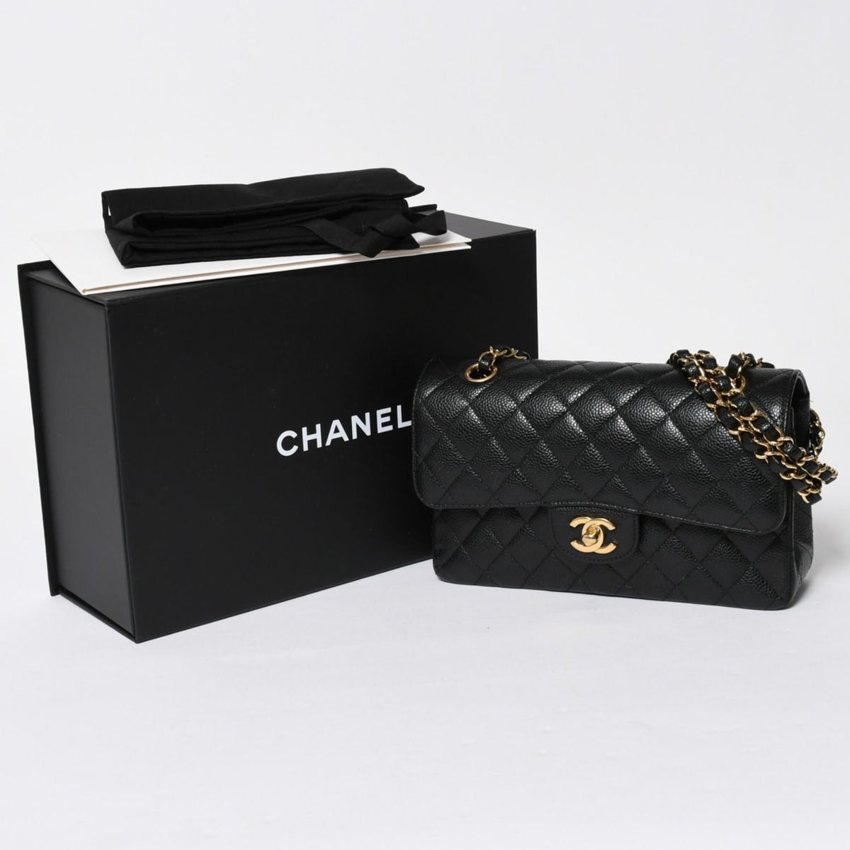 Chanel Quilted 23 Double Flap Chain Shoulder Bag CC Logo Caviar Leather Black