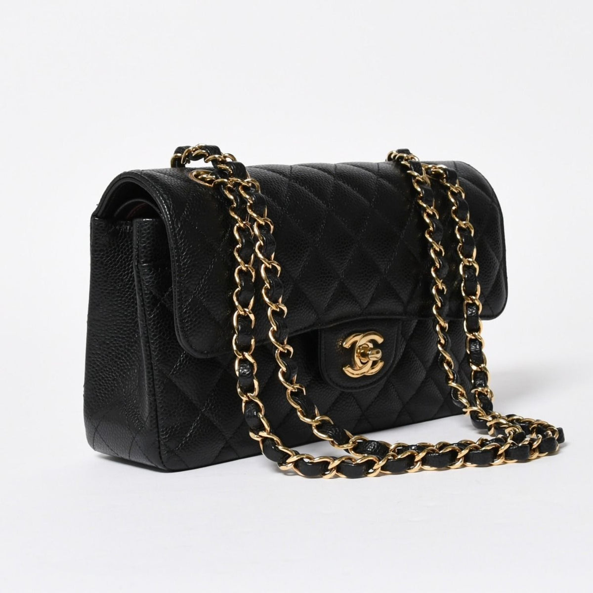 Chanel Quilted 23 Double Flap Chain Shoulder Bag CC Logo Caviar Leather Black — view 4