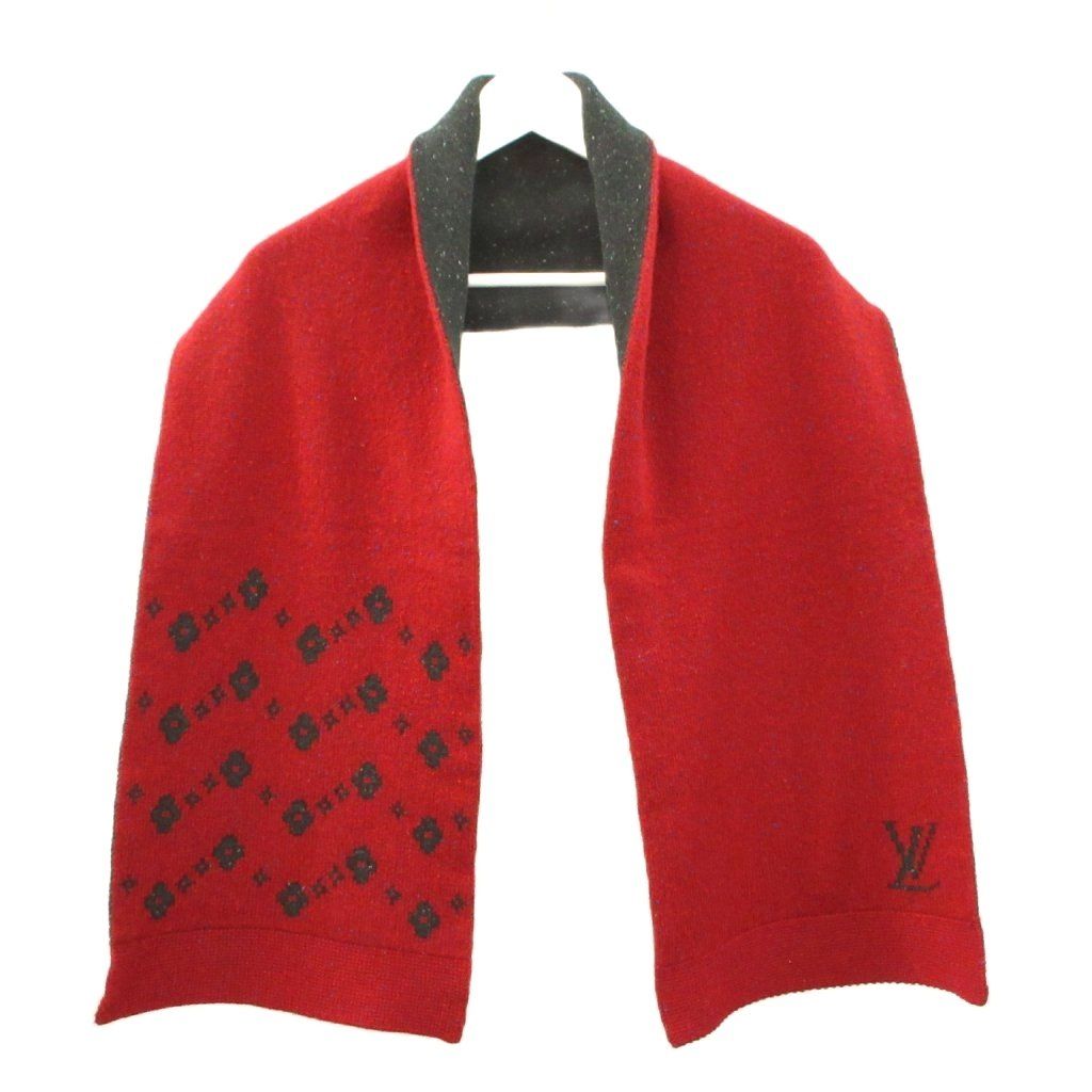 Louis Vuitton Knit Scarf Shawl LV Monogram Flower Wool Cashmere Red Sweater