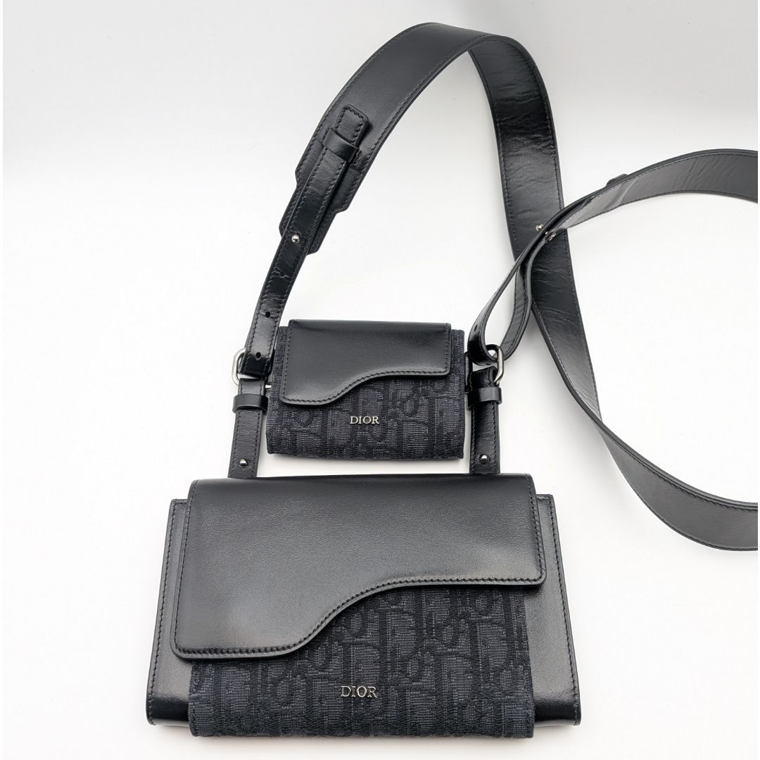 Dior Elite Oblique Jacquard Leather Canvas Black Navy Double Pouch Shoulder Bag