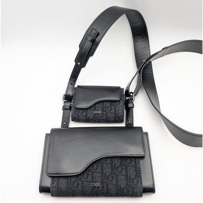 Dior Elite Oblique Jacquard Leather Canvas Black Navy Double Pouch Shoulder Bag