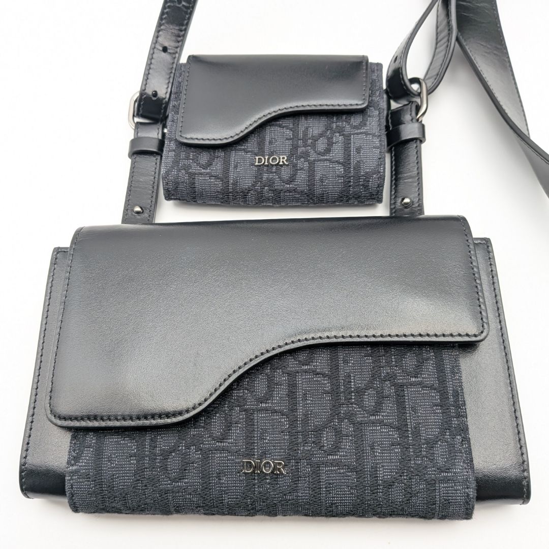 Dior Elite Oblique Jacquard Leather Canvas Black Navy Double Pouch Shoulder Bag — view 2