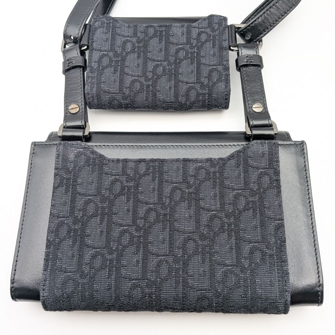 Dior Elite Oblique Jacquard Leather Canvas Black Navy Double Pouch Shoulder Bag — view 3