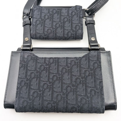 Dior Elite Oblique Jacquard Leather Canvas Black Navy Double Pouch Shoulder Bag — view 3