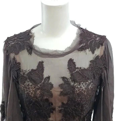 Dolce & Gabbana Dress Lace Sheer Silk Dark Brown Long Sleeve Length 36 — view 5
