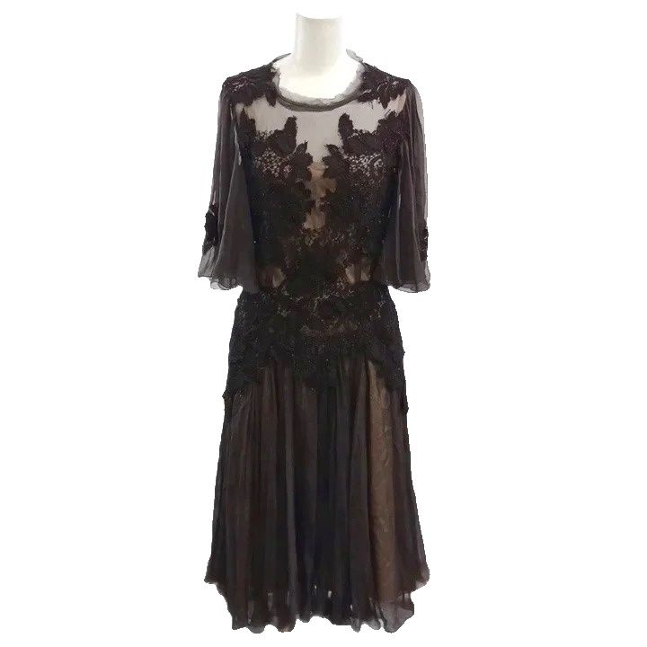 Dolce & Gabbana Dress Lace Sheer Silk Dark Brown Long Sleeve Length 36