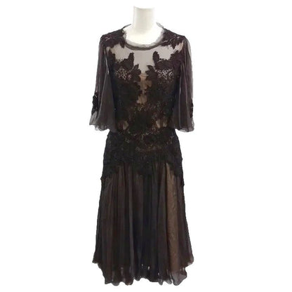Dolce & Gabbana Dress Lace Sheer Silk Dark Brown Long Sleeve Length 36