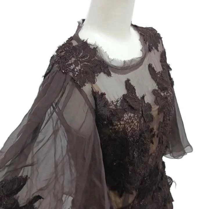 Dolce & Gabbana Dress Lace Sheer Silk Dark Brown Long Sleeve Length 36 — view 4