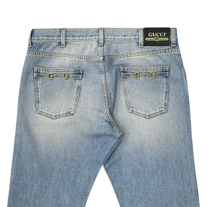 Gucci Pants Horsebit Tapered Denim Cotton Logo Patch Blue Gold 36 — view 5