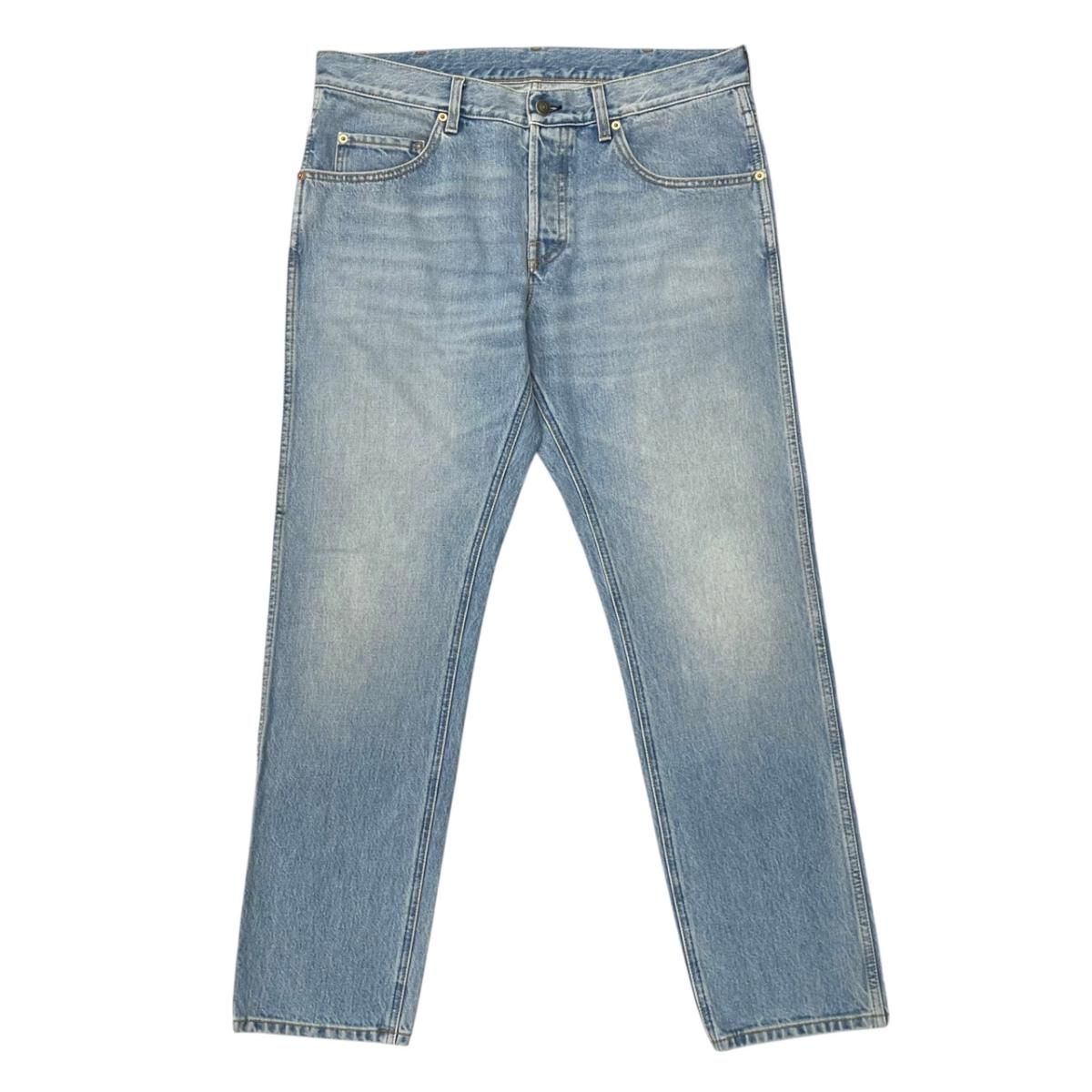 Gucci Pants Horsebit Tapered Denim Cotton Logo Patch Blue Gold 36
