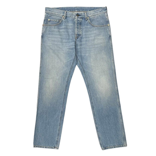 Gucci Pants Horsebit Tapered Denim Cotton Logo Patch Blue Gold 36