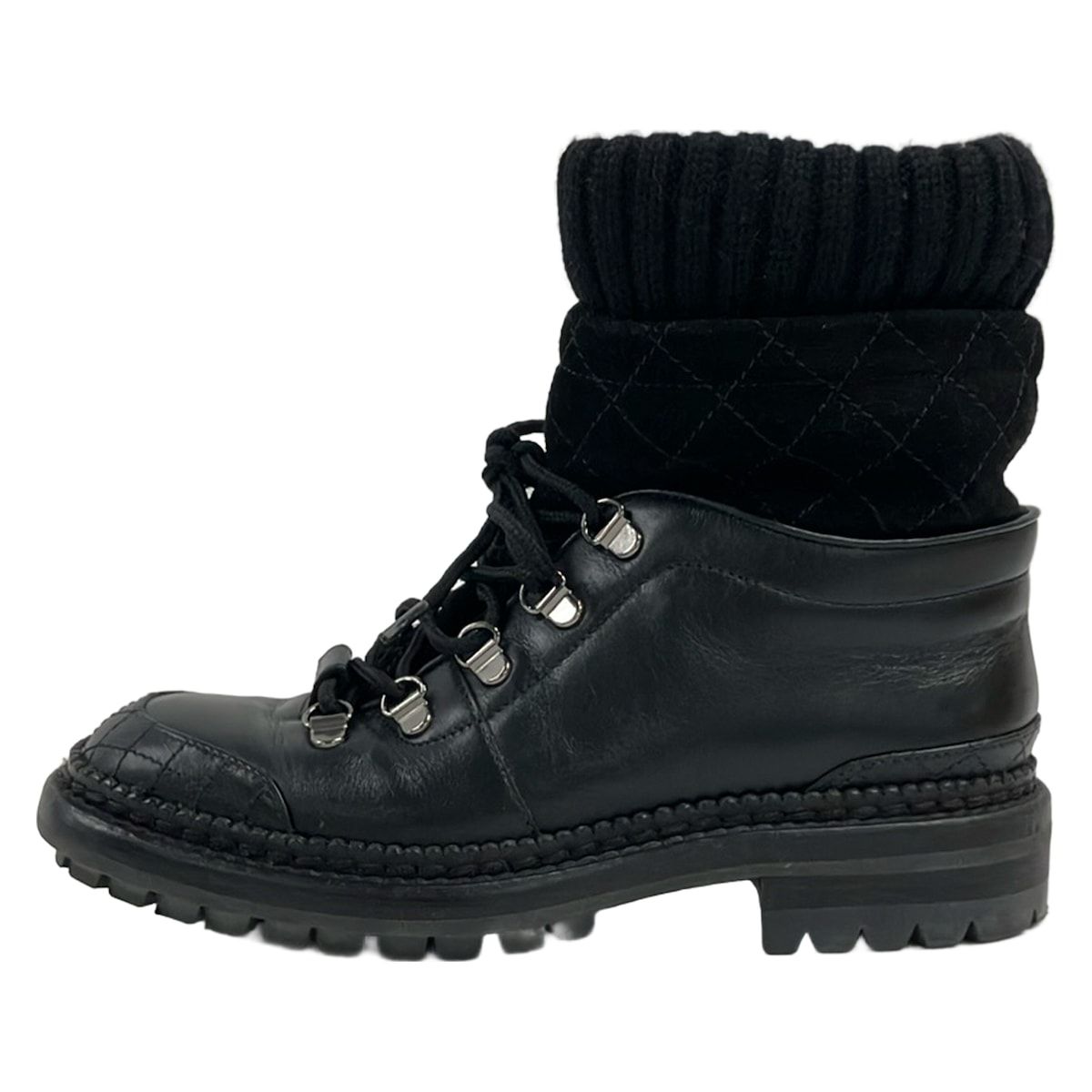 Chanel Short Boots Black Wool Leather
