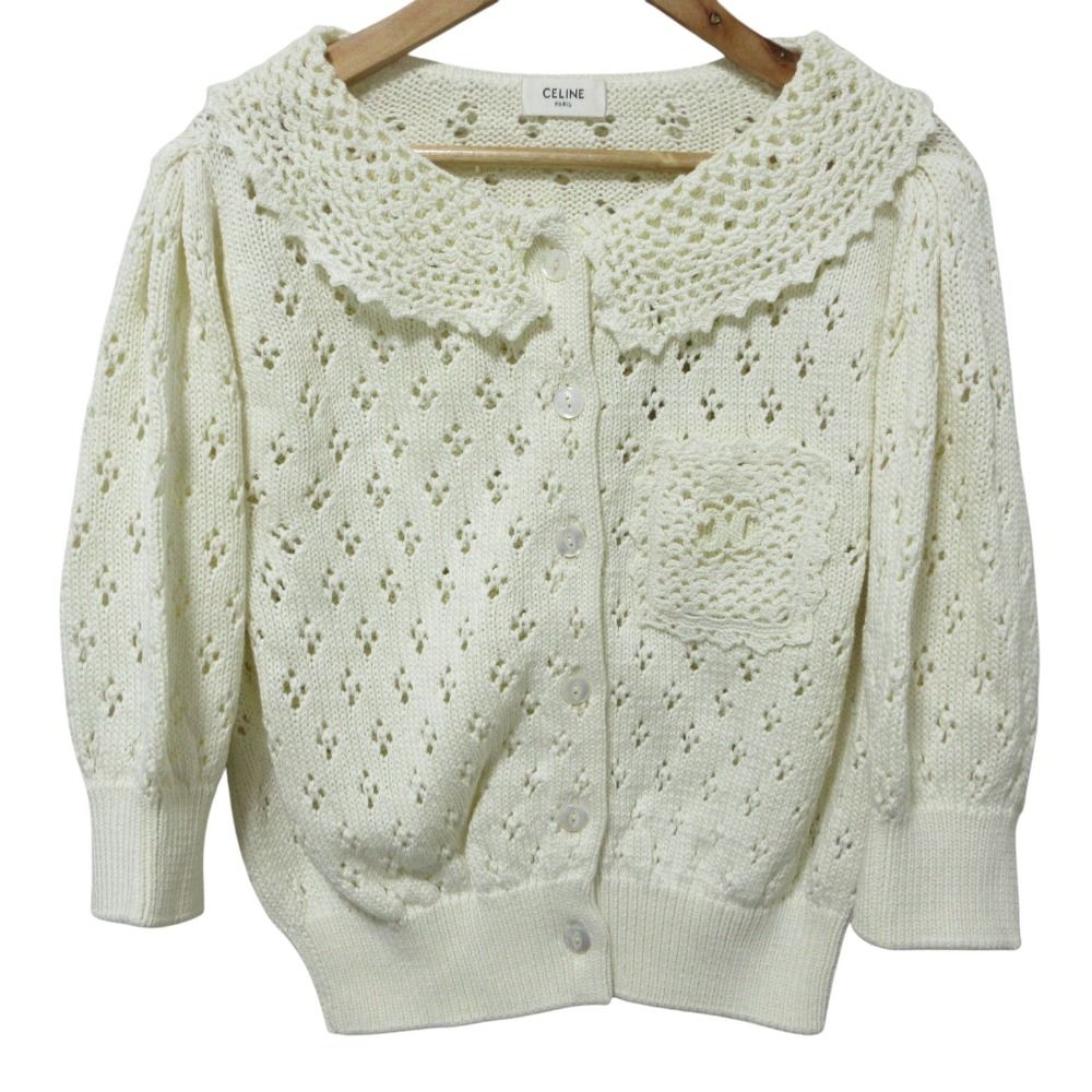 Celine Triomphe Cropped Cotton Knit Cardigan White M