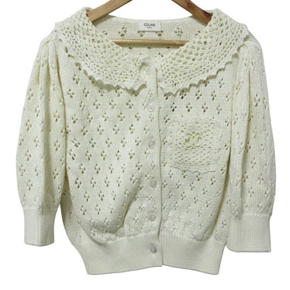 Celine Triomphe Cropped Cotton Knit Cardigan White M
