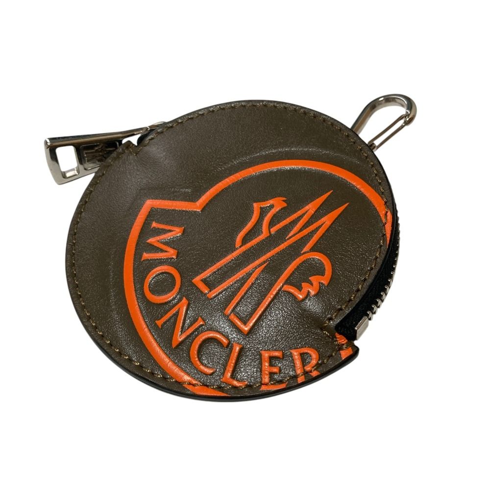 Moncler Logo Print Leather Neck Strap Round Coin Purse Pouch Khaki Orange — view 2